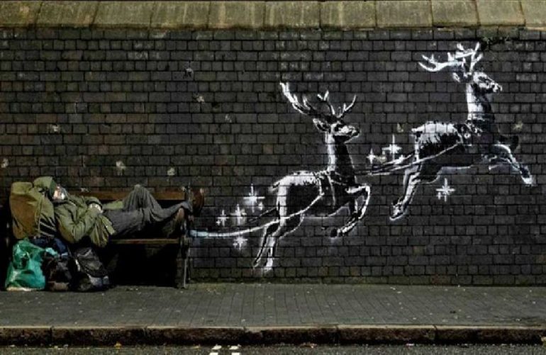 bansky Banksy, viral, Άγιος Βασίλης, άστεγος, Βρετανός καλλιτέχνης, Μπέρμιγχαμ