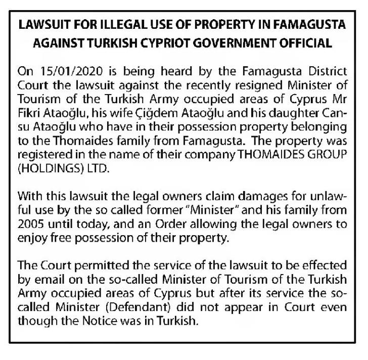 ACTION, Famagusta District Court, Occupied Famagusta, illegal use of property, Fikri Aataoglou