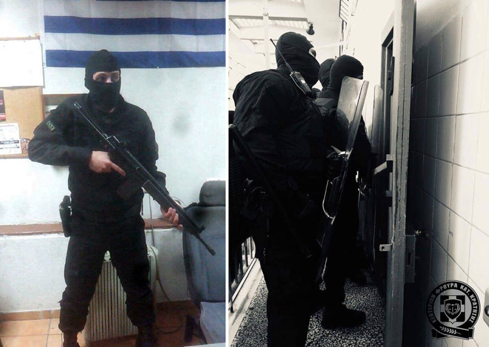 astynsdoadm4 shields, police officers, globes, PRISONERS, Korydallos prison
