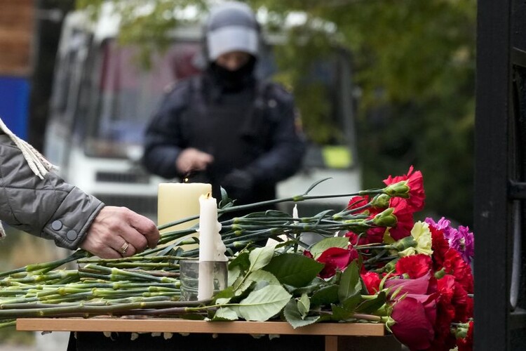 Flowers at the murder scene of students at Perm University in Russia